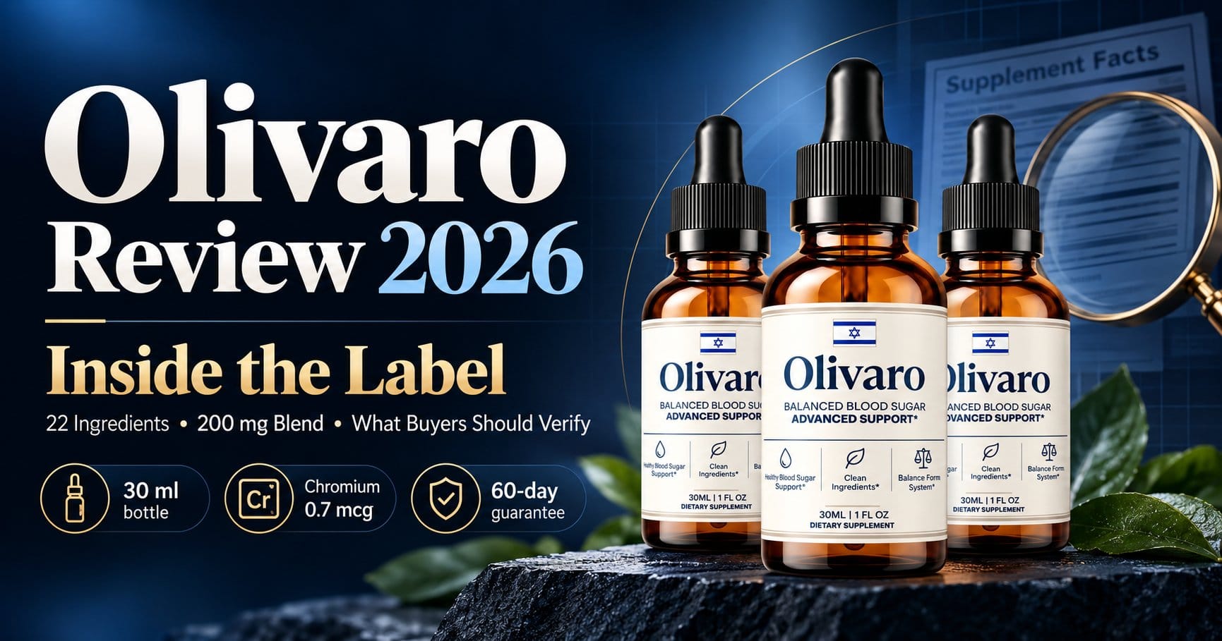 Olivaro review graphic showing dropper bottles and label details